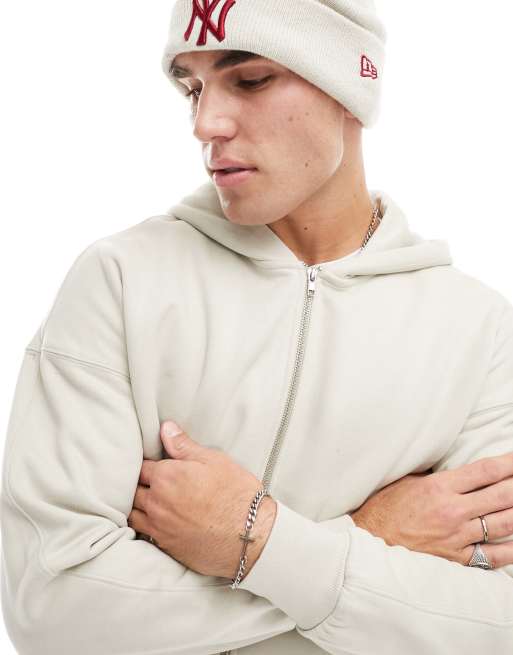 ONLY & SONS heavyweight zip through hoodie in stone, 3 of 4