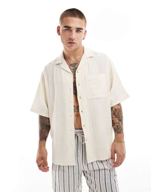 Only & Sons – Hemd aus grob gewebter Baumwolle in Creme mit Reverskragen