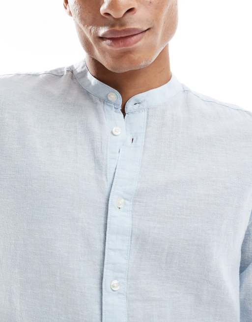 Only & Sons – Hemd aus Leinen-Mix in Hellblau mit Grandad-Kragen, 3 von 4