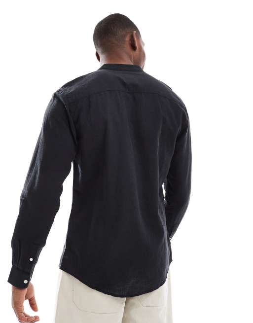 Only & Sons – Hemd aus Leinen-Mix in Schwarz mit Grandad-Kragen, 2 von 4