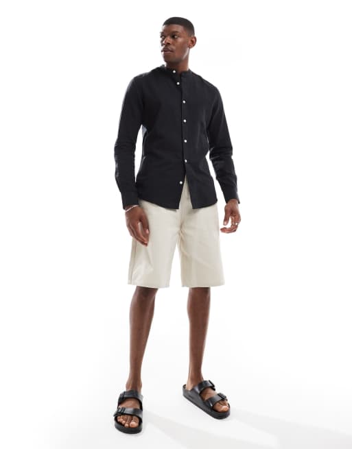 Only & Sons – Hemd aus Leinen-Mix in Schwarz mit Grandad-Kragen, 3 von 4