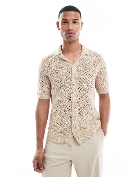 ONLY & SONS – Hemd aus weitmaschigem Strick in Beige - view 1