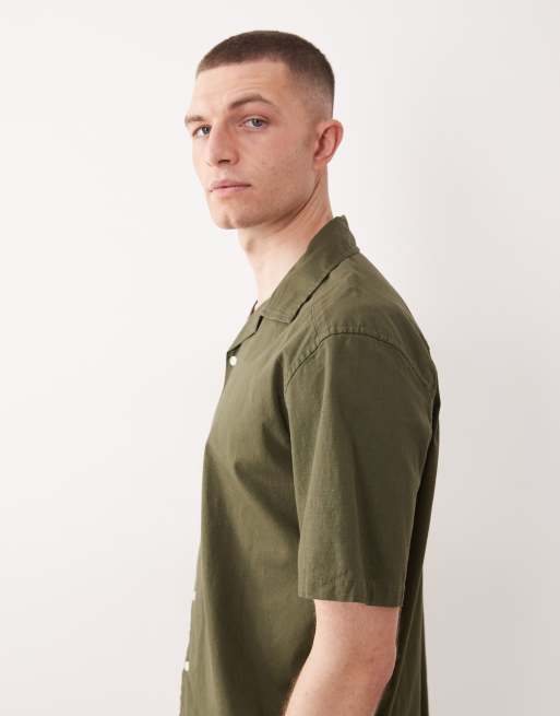 Only & Sons – Hemd im Leinen-Look in Olivgrün mit Reverskragen, Kombiteil, 4 von 5