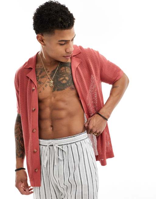 Only & Sons – Hemd in verwaschenem Rot mit großmaschigem Strickmuster