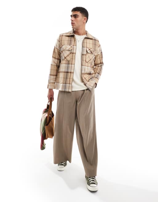 ONLY & SONS – Hemdjacke in Beige kariert mit durchgehendem Reißverschluss und Wolloptik, 2 von 4