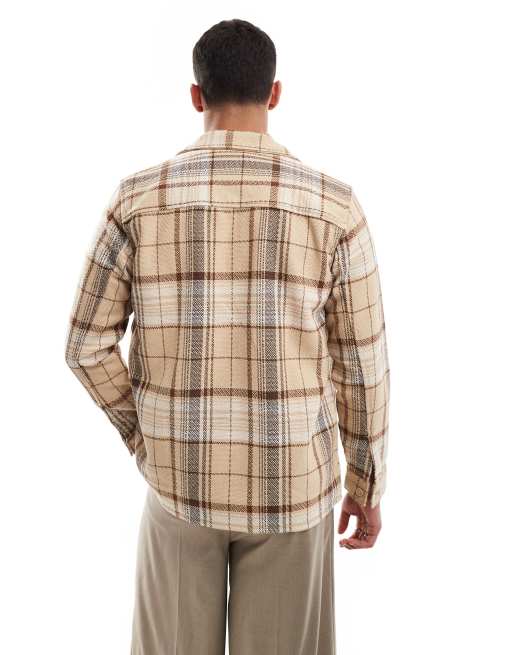 ONLY & SONS – Hemdjacke in Beige kariert mit durchgehendem Reißverschluss und Wolloptik, 4 von 4