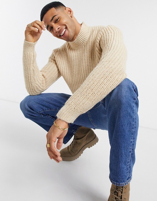 Only & Sons high neck chunky jumper in sand
