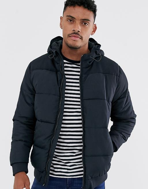 Only & Sons hooded padded jacket in navy | ASOS