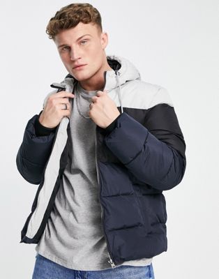 Only & Sons hooded puffer jacket in navy and grey