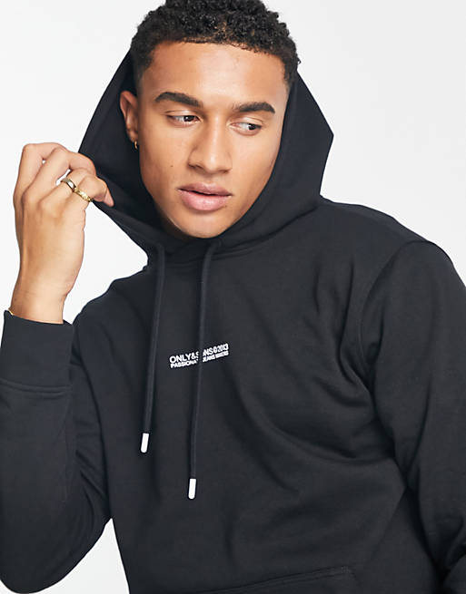 Only & Sons hoodie with chest logo in black | ASOS