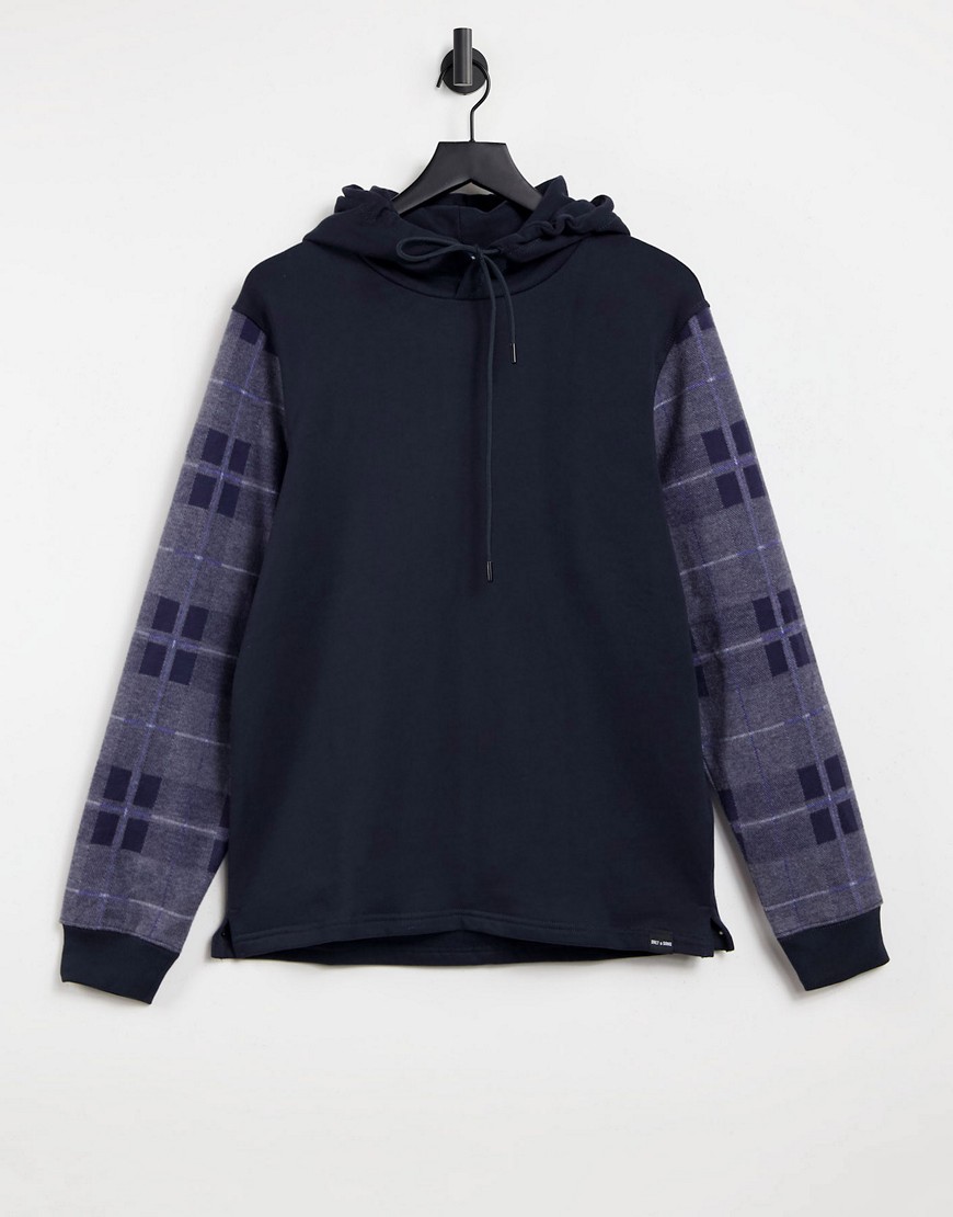 Only & Sons hoodie with plaid sleeves in navy