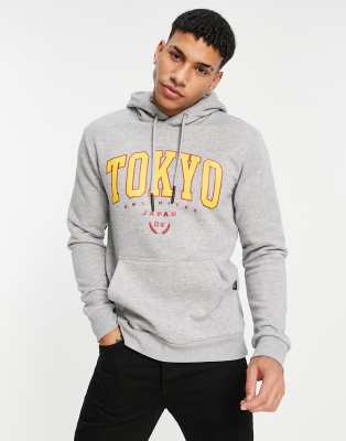 Only Sons Hoodie With Tokyo Chest Print In Light Gray Melange