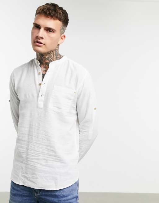 Only & Sons - Hvid skjorte i hørblanding med grandad-krave