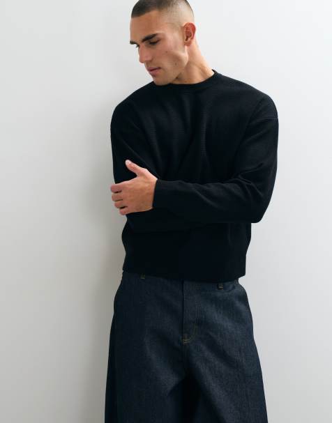 ONLY & SONS jacquard crew neck knit jumper in black - view 1