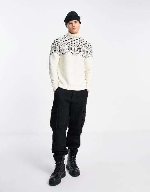 Only & Sons – Jacquard-Strickpullover in Weiß mit Rollkragen