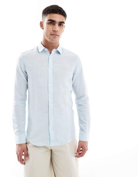 ONLY & SONS linen mix long sleeve shirt in light blue