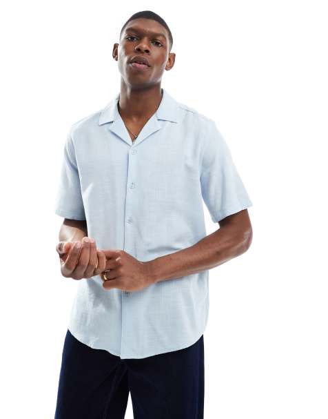 ONLY & SONS boxy fit revere collar shirt in light blue 