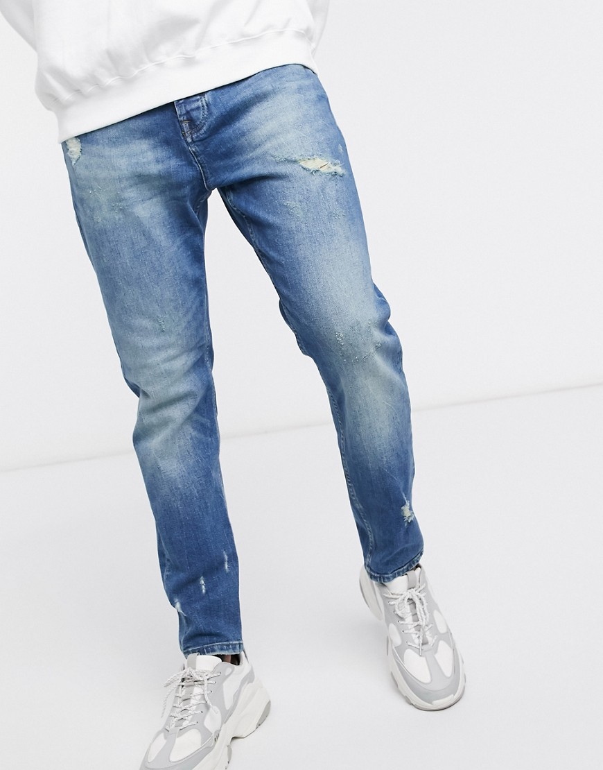Only & Sons - Jeans cropped invecchiati azzurri-Blu