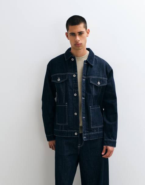 ONLY & SONS jeansjacka med kontrastsömmar i set i mörkblå tvätt - view 1
