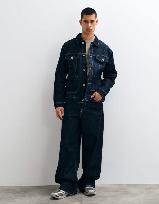 ONLY & SONS jeansjacka med kontrastsömmar i set i mörkblå tvätt, 2 av 5