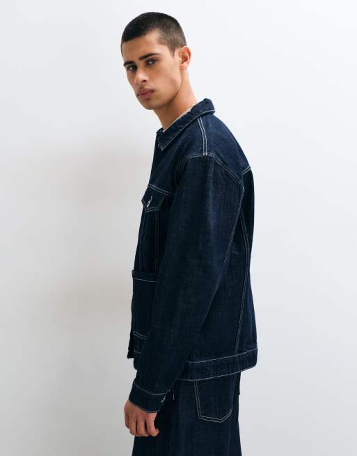 ONLY & SONS jeansjacka med kontrastsömmar i set i mörkblå tvätt, 4 av 5