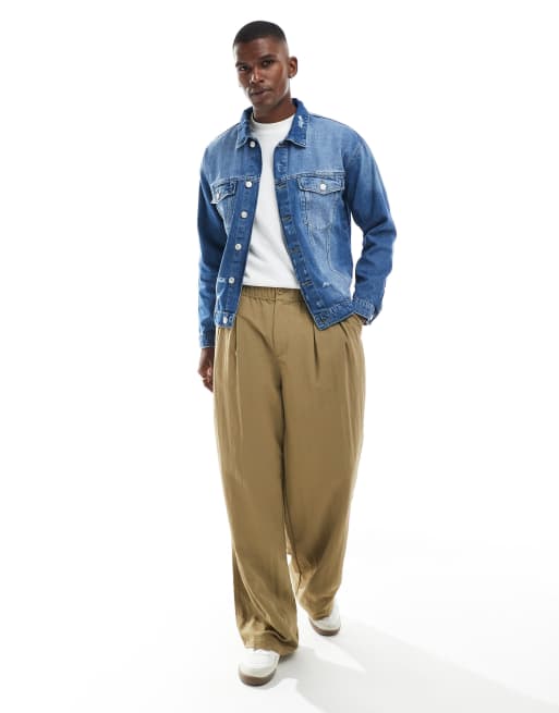 Only Sons – Jeansjacke in mittelblauer Waschung mit abgenutzter