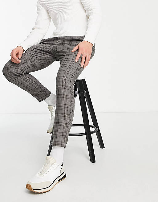 Only & Sons jersey check trousers with drawstring waist in grey