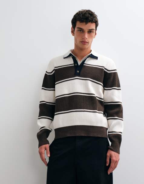 ONLY & SONS - jersey de punto estilo polo de rugby de corte holgado en blanco y rayas chocolate - view 1