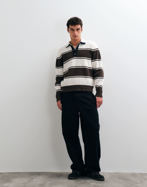 ONLY & SONS - jersey de punto estilo polo de rugby de corte holgado en blanco y rayas chocolate, 2 de 5