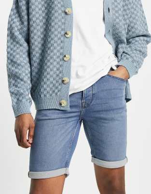 Only & Sons jog denim shorts in mid wash