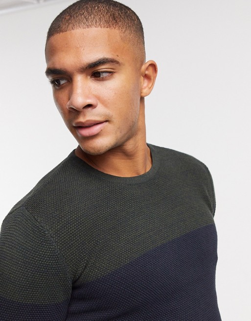 Only & Sons jumper in colourblock navy