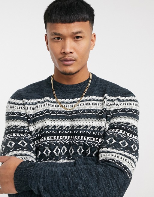 Only & Sons jumper with chest pattern in dark blue