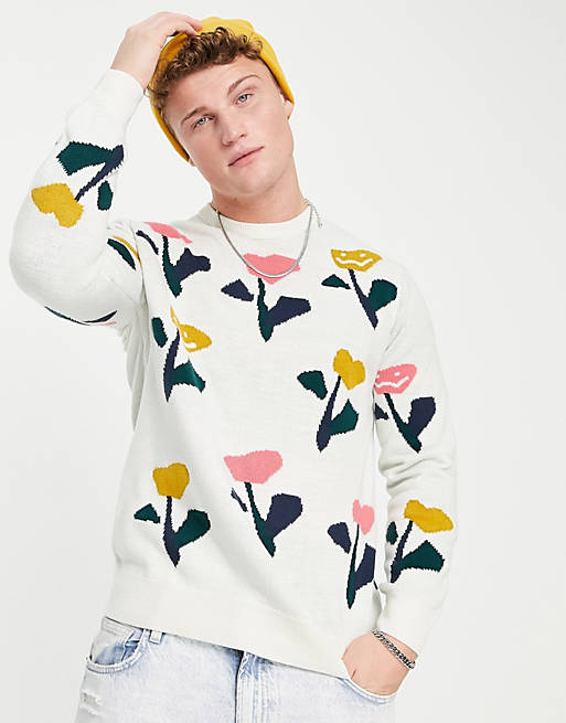 Only & Sons jumper with flowers in beige