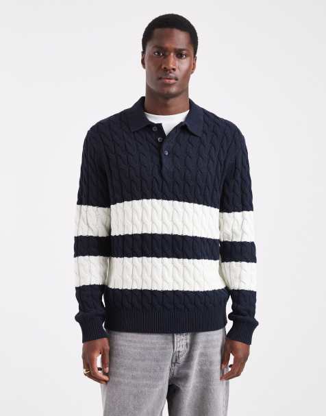 ONLY & SONS - Kabelstrikket poloskjorte med marineblå/hvide striber - view 1