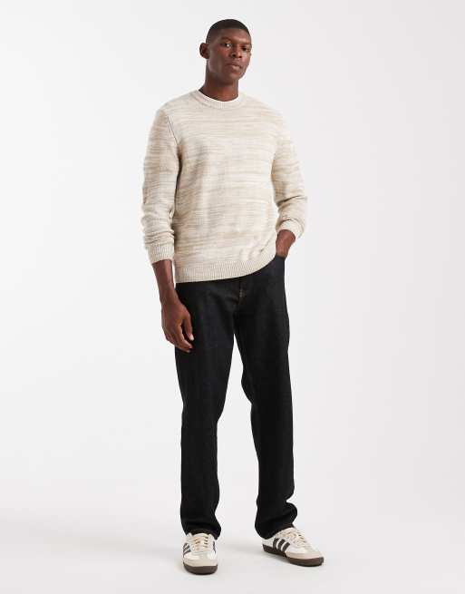ONLY & SONS – Kamiennobeżowy melanżowy sweter z okrągłym dekoltem w paski, 2 z 5