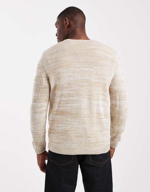 ONLY & SONS – Kamiennobeżowy melanżowy sweter z okrągłym dekoltem w paski, 4 z 5