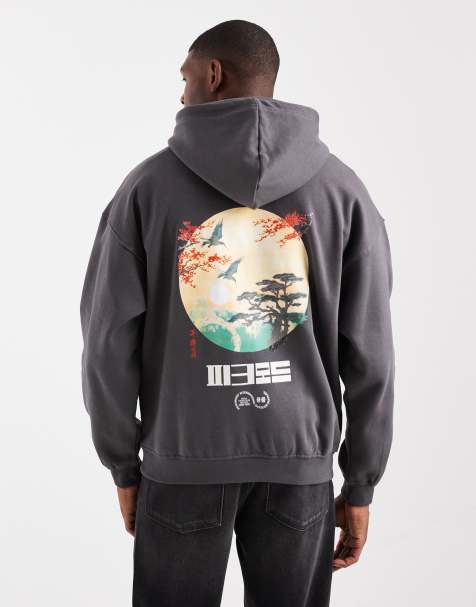 ONLY & SONS – Kapuzenpullover in Anthrazit mit Landschaftsprint am Rücken und Vintage-Passform - view 1