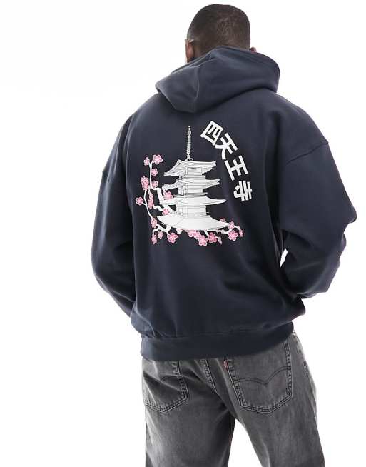 ONLY & SONS – Kastiger Kapuzenpullover in Marineblau mit Tempel-Print