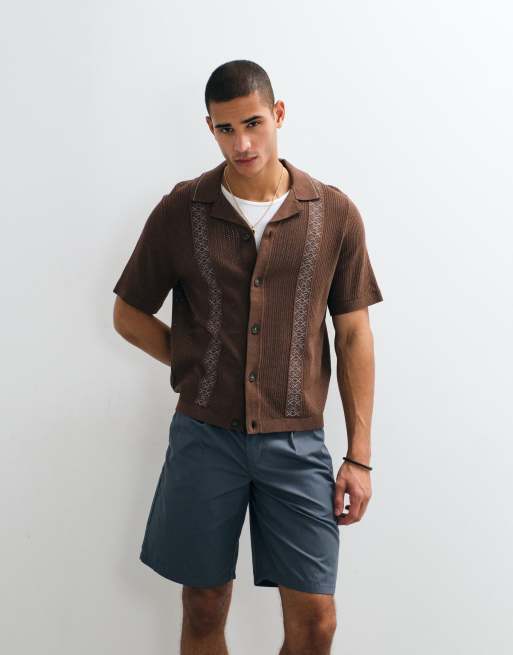 ONLY & SONS – Kastiges Strickhemd in Braun mit blauem Detail, 2 von 9