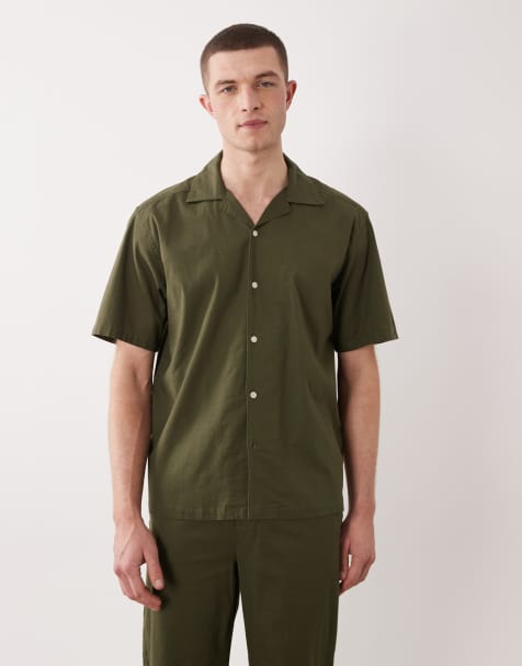 Only & Sons - Katoenrijk overhemd met reverskraag in olijfgroen, deel van co-ord set - view 1