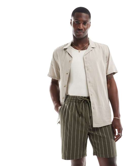 ONLY & SONS - Khakigrønne pull on-shorts med striber i hørblanding