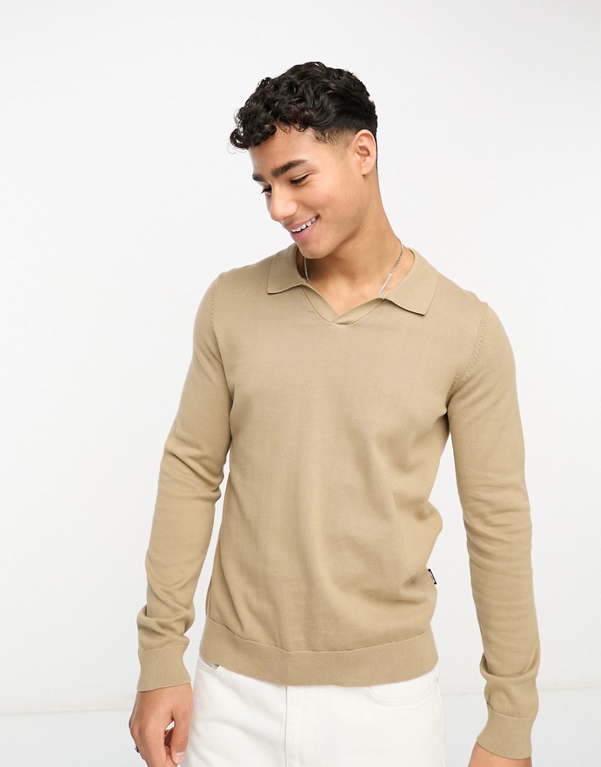 Only & Sons knit camp collar long sleeve polo in beige-Neutral