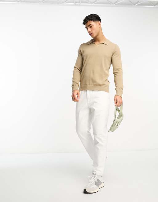 White Long Sleeve Polo Shirt with Beige Pants