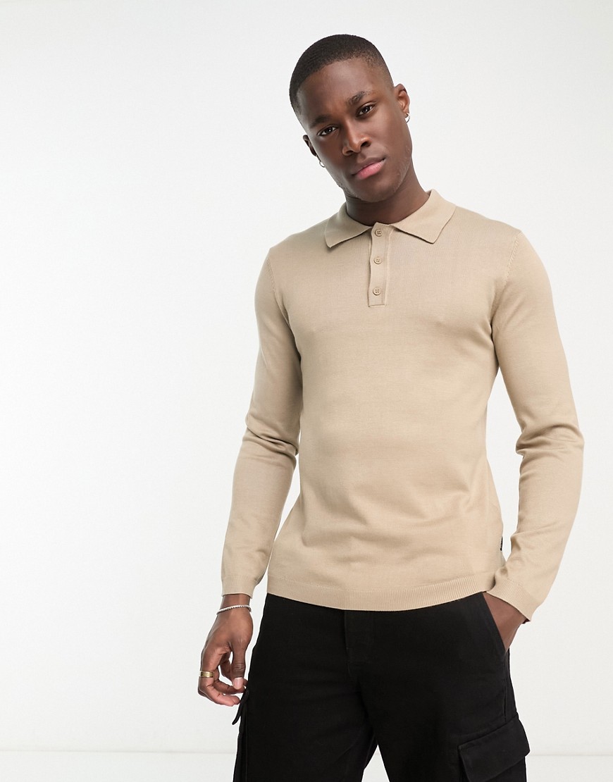Only & Sons Lightweight Knit Polo In Beige-neutral