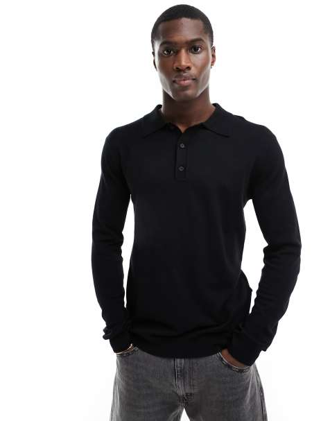 Only & Sons knit long sleeve polo in black - view 1