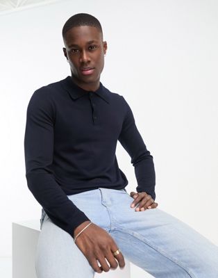 Only & Sons knit long sleeve polo in navy