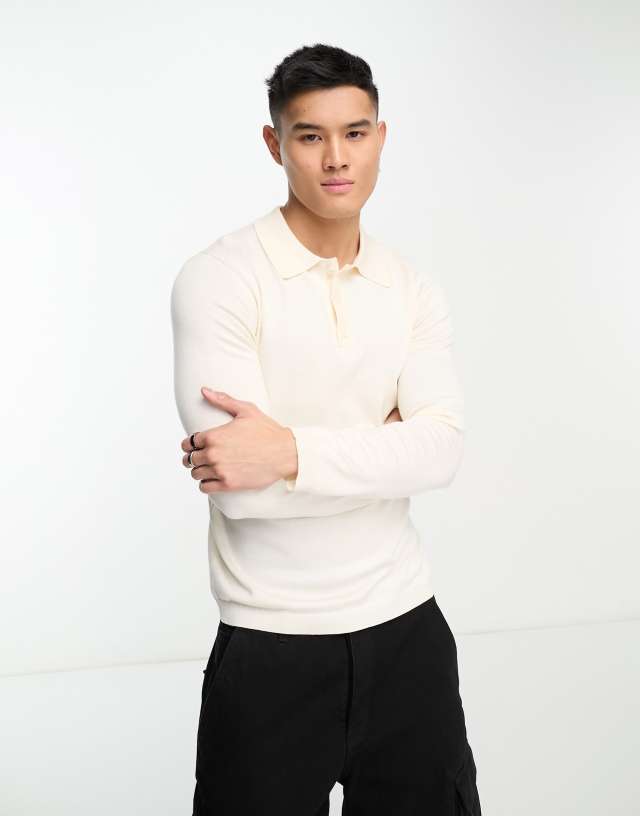 ONLY & SONS - knit long sleeve polo in off white