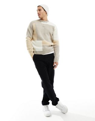 ONLY & SONS knitted crew neck jumper in tonal block patterm