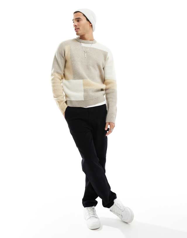 ONLY & SONS - knitted crew neck jumper in tonal block patterm