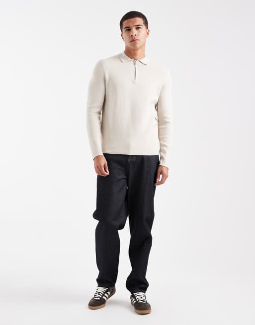 ONLY & SONS knitted half zip polo top in stone, 2 of 5